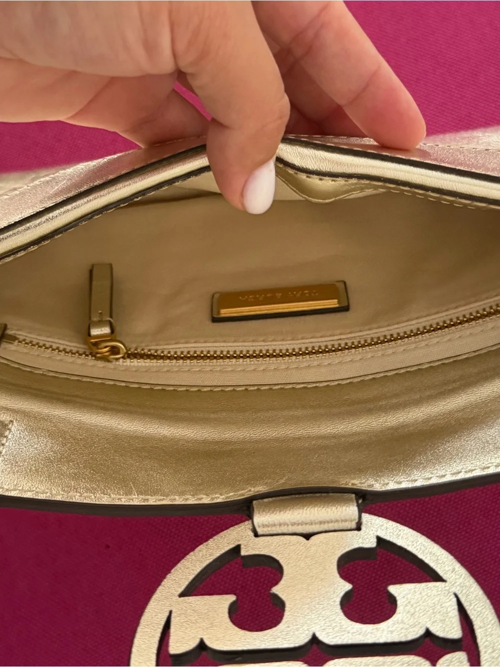Tory Burch Gold Leather Fold-Over Clutch with Logo Emblem